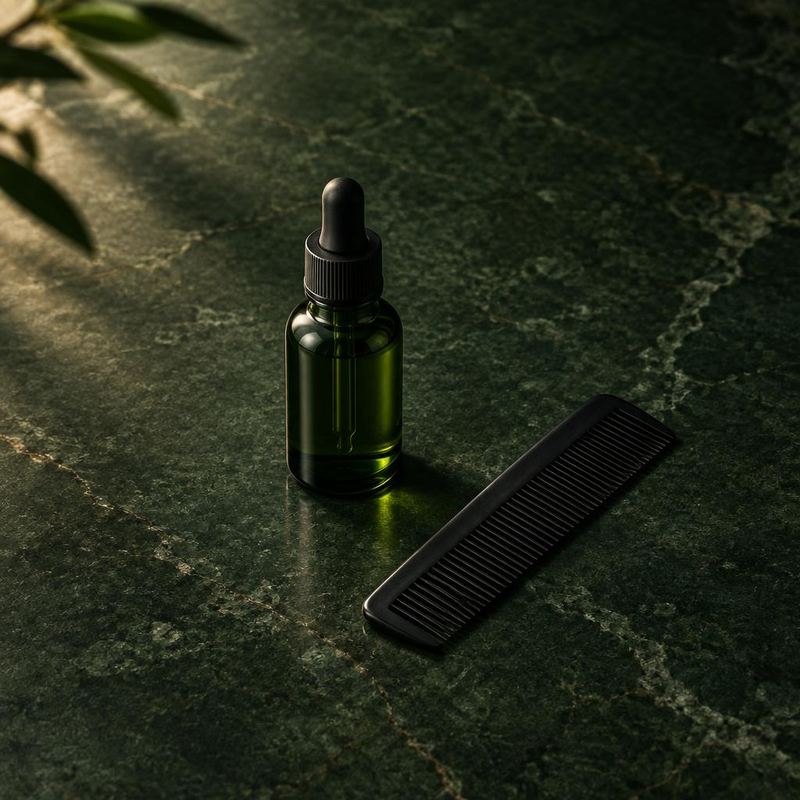 Unbranded hair care bottle and comb, illustrative visual